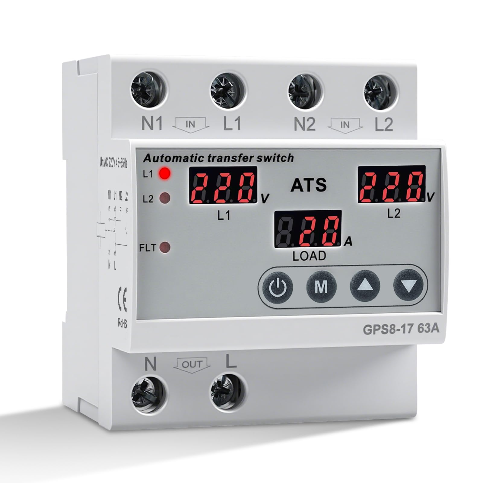 Jadeshay Automatischer Umschalter 63A Einphasiger Spannungsschutz 230V Überspannungsschutz Unterspannungsschutz LED-Anzeige für Netzstrom Generatoren Photovoltaikanlagen AC220V GPS8-17