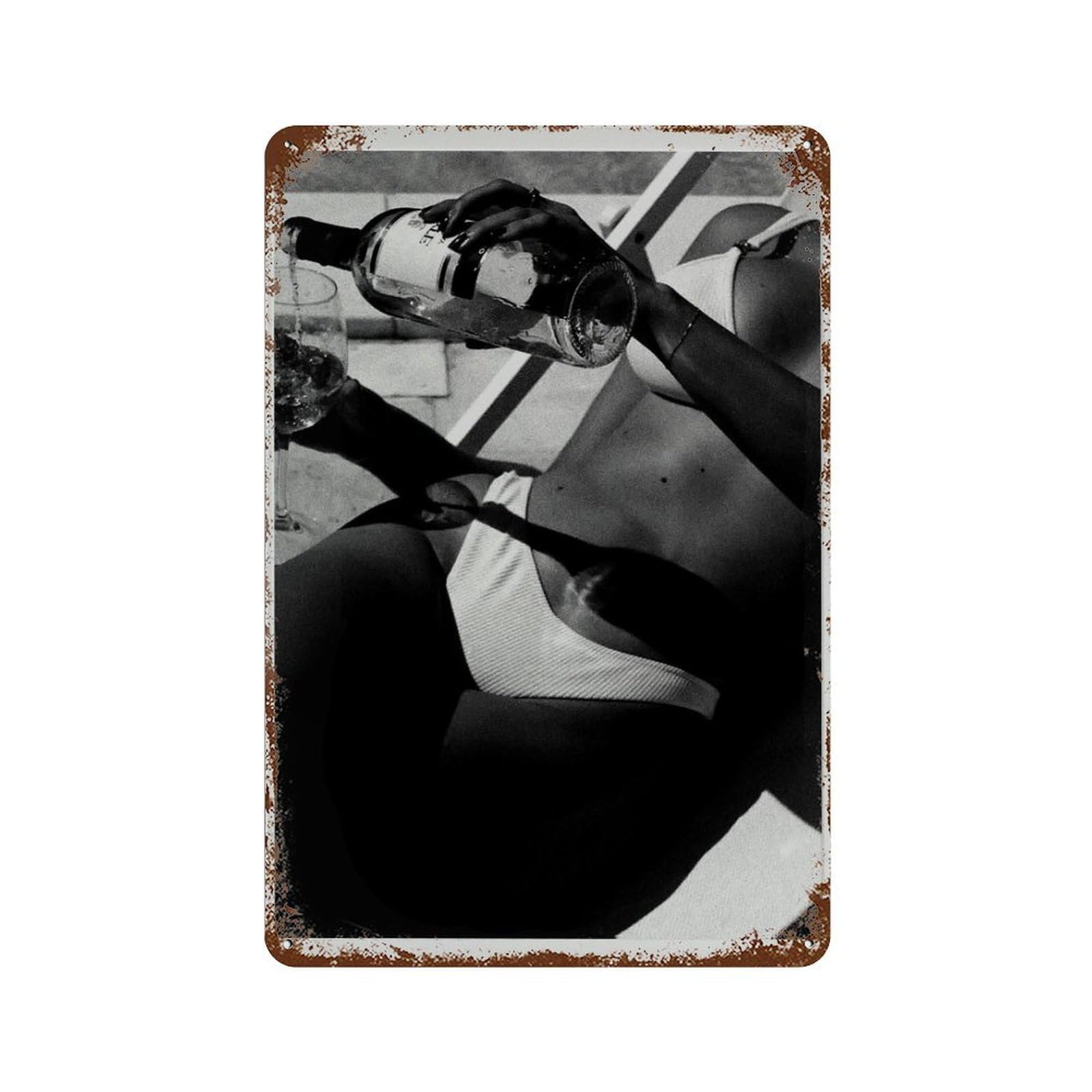 xiaoxiaoshen Woman Drinking Wine Beach ， Black And White Vintage Photography Wall Decor Art Metal Tin Poster Modern Home Decor Art Home Bar Shop Decorations Vintage Sign 30x20cm
