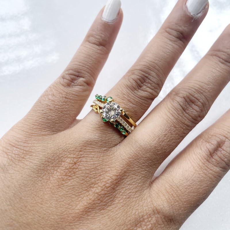 Round Cut Green Emerald Wedding Band Enhancer Guard for Women, 14K White Gold Finish 925 Silver Ladies Green Emerald Wrap Ring