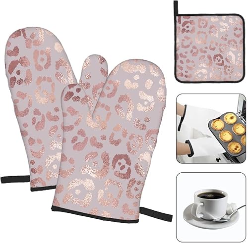 Miniatura 3 de Juego de 3 guantes de horno y agarraderas de leopardo de oro rosa para cocina, cocina, hornear, asar a la parrilla, almohadillas calientes