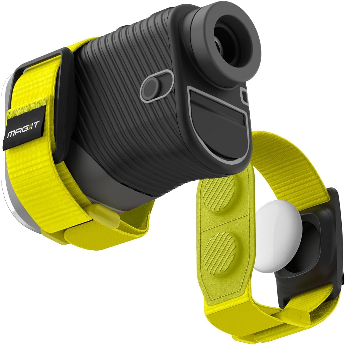 MAG-iT Magnetic Golf Range Finder Strap Designed for AirTag (1st & 2nd Gen) – GPS Tracker Holder Compatible with Find My App – Magnetic Mount for Golf Cart – Neon Yellow