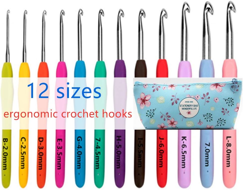 12 Sizes Crochet Hook Set,2mm(B)-8mm(L) Ergonomic Crochet Hooks & 9 Yarn Needles with Case - Smooth & Extra Long Crochet Hooks