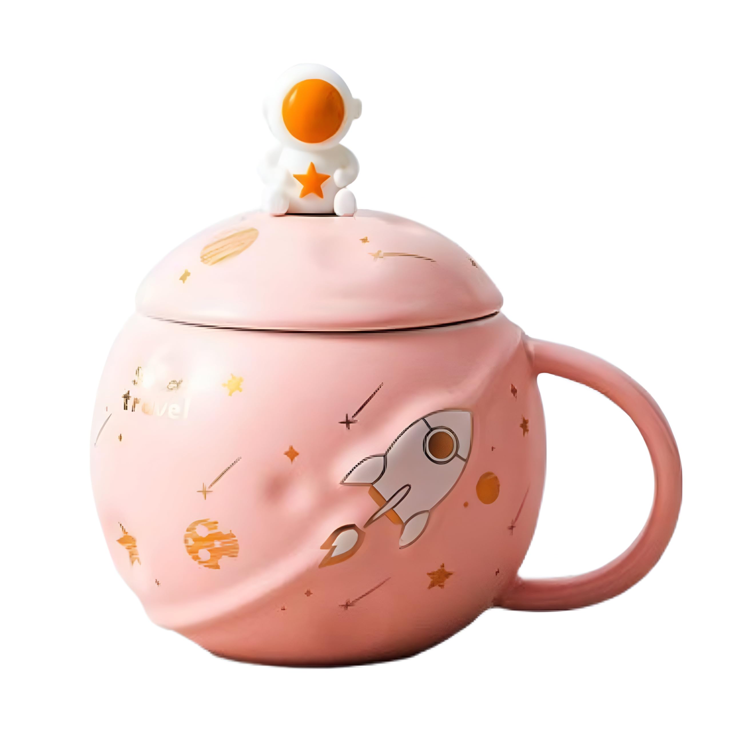Astronaut Coffee Mug with Lid & Spoon| Embossed Planet Mug | Space Mug, Ceramic, 3D Creative Astronaut Universe Planet | Leak Proof | Portable (Astronaut - Pink, Capacity - 400 ML)