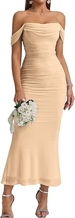 Off The Shoulder Maxi Long Dress with Corset and Ruched Details for Women
