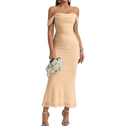 KUTUMAI Off The Shoulder Maxi Long Dress Corset Ruched Bodycon Formal Wedding Guest Dresses for Women