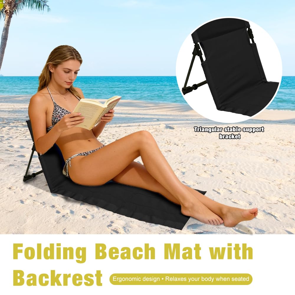 Esterilla de Playa Plegable, Sterilla de Playa con Respaldo, Portátil Sillón de Playa con Respaldo con Funda de Transporte, para Camping, Actividades al Aire Libre, Playa y Viajes (Negro)