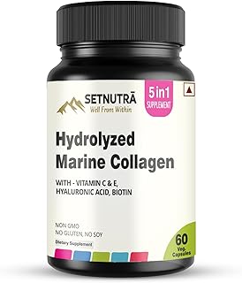 5 in 1 Hydrolyzed Marine Collagen Peptides Supplement with Hyaluronic Acid Vitamins C & E Biotin | Skin Hair Nail Support | Gluten Free Non GMO Capsules (60 Count)