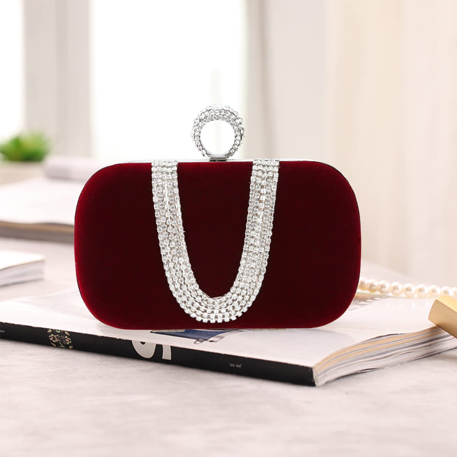 CORIOS Bolsa de Noche para Mujer Diamantes de Imitación Clutch Terciopelo Bolsa de Noche Bolsos Bandolera Bolso de Boda Elegante Bolso de Hombro para Fiesta de Graduación Boda Banquete Vino Rojo