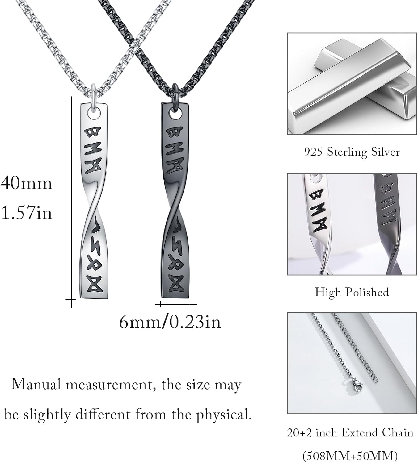 Couple Necklaces for Him and Her 925 Sterling Silver Bar Necklace for Couples 2 Twisted Bar Pendant Necklace Boyfriend and Girlfriend Amulet Viking Love Jewelry Gifts for Couple - Image 6