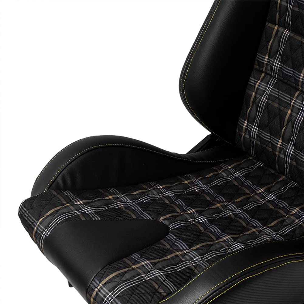 AutoStyle Siège baquet 'GT' - Simili Cuir Noir + Tissu en motif à carreaux Jaune + Surpiqûres Jaune - Dossier réglable - incl. glissières