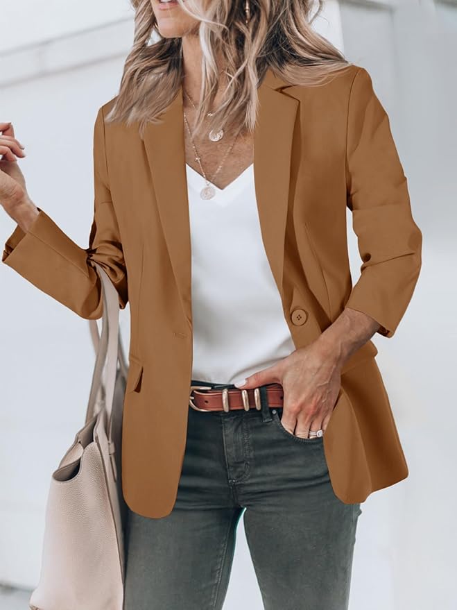 Cicy Bell Womens Casual Blazers Open Front Long Sleeve Work Office Suit Jackets Blazer in Camel