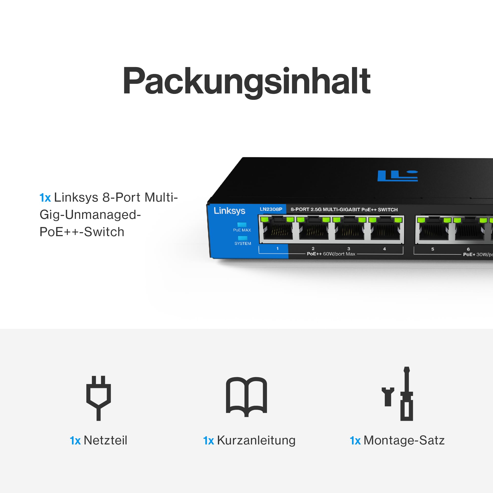 Linksys 8-Port, 2,5 G Multi-Gig Unmanaged PoE++-Switch | Energieeffizientes Ethernet | Full-Duplex-Flusskontrolle | Für WiFi 6/6E/7 Access Points & IP-Kameras | Metallgehäuse | PoE-Leistung von 180 W