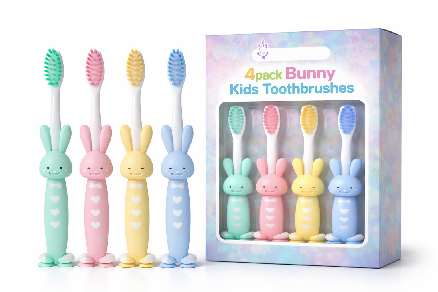 Kids Toothbrush Pack of 4 – Soft Bristles Bunny Design for Toddlers & Children (2+ Years) | Easy Grip Handle | Self Standing Base | BPA Free Kids Tooth Brush Set-image-25