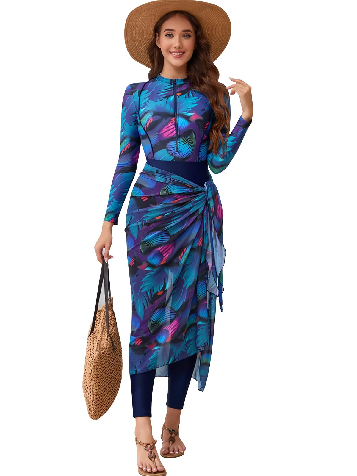 IDOPIP Muslim Burkini Swimsuit for Women's One Piece Swimsuit with Beach Skirt+Cover up Sarong+Pants 4PCS Bathing Suit