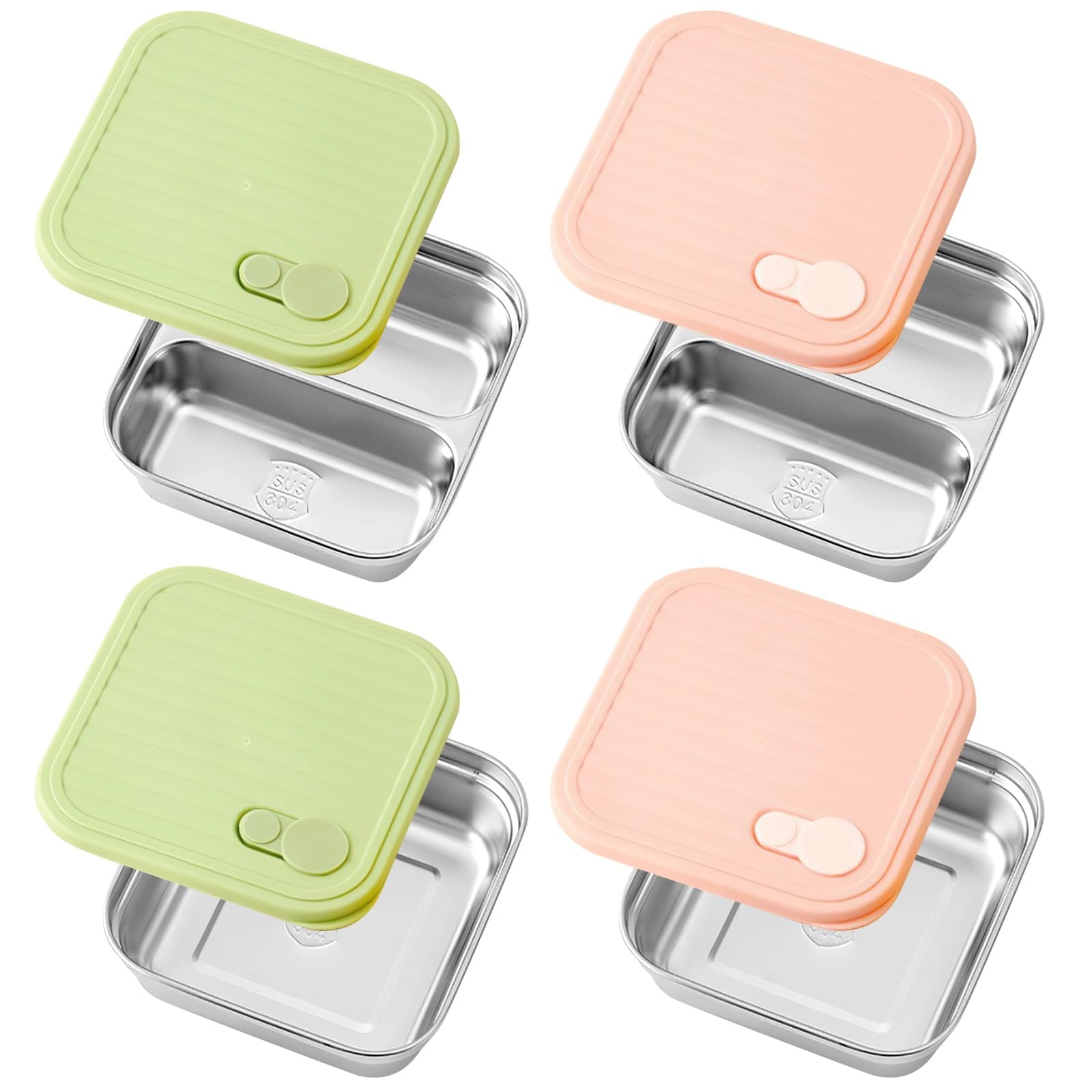 Lot de 4 boîtes repas en acier inoxydable, 2 compartiments simples 21,9 oz, 2 compartiments doubles 20,3 oz, contenants métalliques pour snacks, fruits, sandwichs, déjeuner à emporter