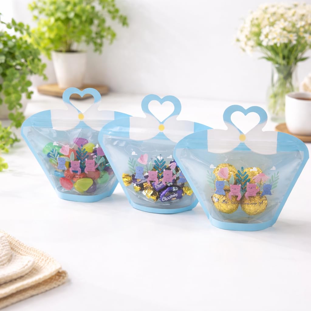 SATYAM KRAFT 25 Pcs Korean Style Ziplock Goodie Hand Box for Gifting Birthday Return Gifts Party Favor Cookie Pouches Kids Chocolate Dry Fruit Packing Storage Bags for Valentine, Wedding (PVC)