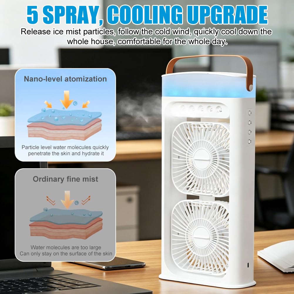 4 in 1 Tragbare Klimaanlage Fan Mit Nebelspray,Doppelventilator 3-Stufig Einstellbar Klimaanlage Mobil Mit 1-4Timer-Funktion,Farbwechselndes Nachtlicht,T-C-Aufladung Luftkühler für Zuhause,Büro