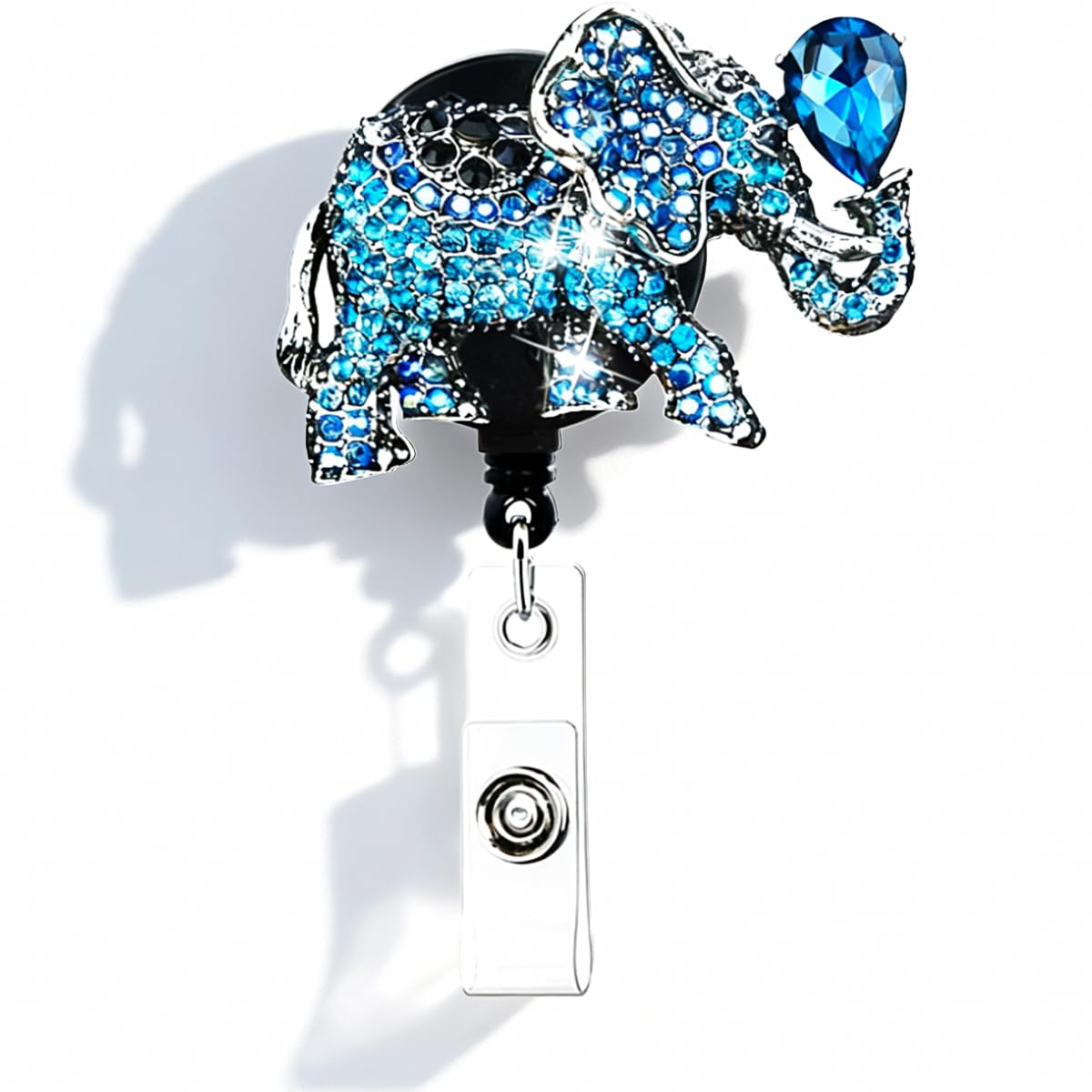 Heyah Blue Bling Elephant Badge Reel, Retractable Badge Holder with Belt Clip, ID/Name Badge Clip for Women Nurse