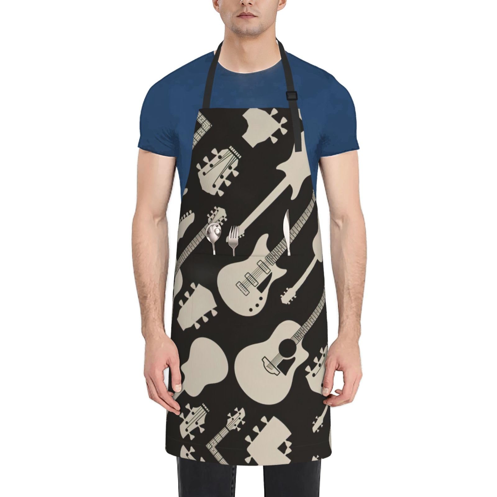 HTTUP Guitar pattern Print Laundry apron 28x33 In Waterproof Kitchen Apron with Pockets for Cooking Baking, Black, One Size, Black, One Size