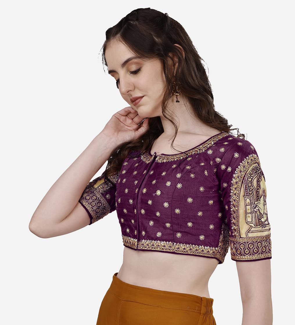 Pujia Mills Women's Heavy Embroidery Coding With Sequins And Diamond Work Half Sleeves Fancy Cutwork Readymade Saree Blouse.(Palace Wine_38)