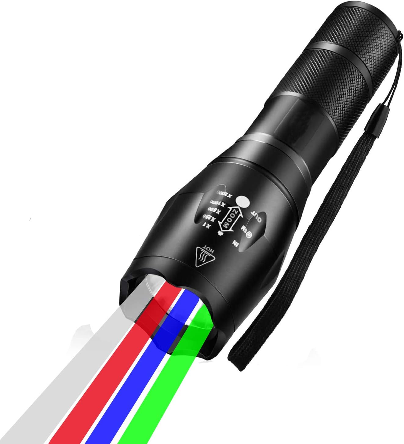 Lcyyo 4 in 1 Multicolor flashlight, 300 Lumen Zoomable One Mode White Red Green Blue Light, Hunting Flashlight