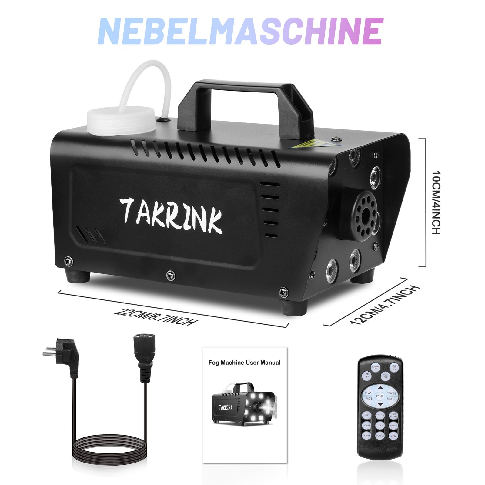 TAKRINK Nebelmaschine Rauchmaschine 900W Nebelmaschine 16 Farben RGB Lichteffekt Mini Nebelmaschine mit Fernbedienung für DJ Disco Party, Hochzeit, Halloween, Weihnachten