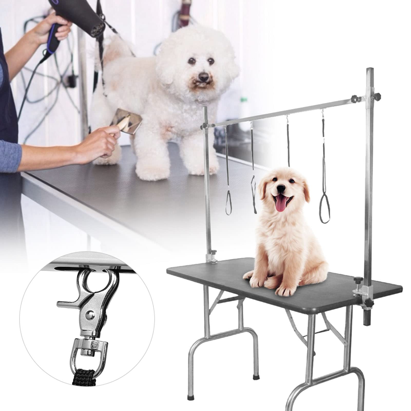 Hundepflegetisch, Edelstahl, Haustierpflegetisch, Hundepflegestation, Kleiner Pflegetisch mit höhenverstellbarer Klemmhalterung für Hunde und Katzen (1,15 m Tischhalterung)