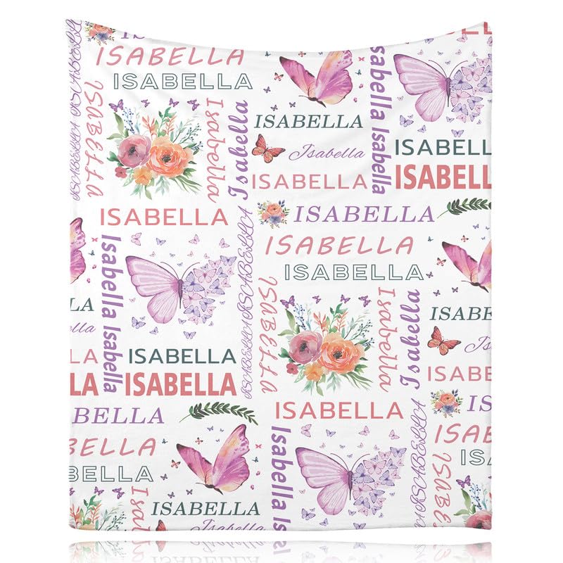 Snewvie Personalised Baby Blankets with Name,Custom Soft Flannel Blanket for Girls,Kids,Adult,Women,Customised Blankets with Printed Butterfly Gifts for Baby Shower Christmas Birthday — image 1