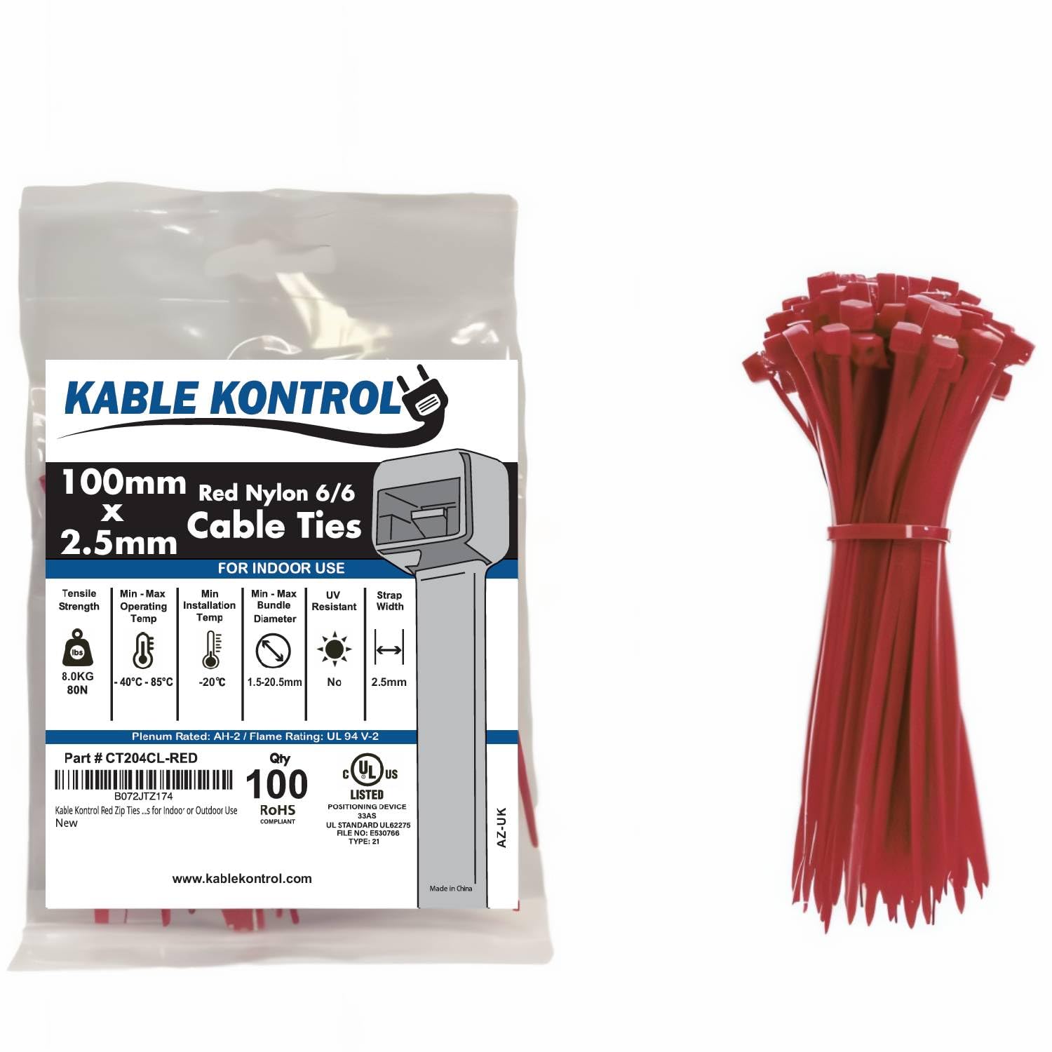 Kable Kontrol Red Cable Ties, 100 mm x 2.5 mm, Pack of 100, 4" Premium Nylon Zip Ties, Multi-Purpose Plastic Tie Wraps, Secure Self-Locking Mechanism, for Home, Garden, Office and DIY
