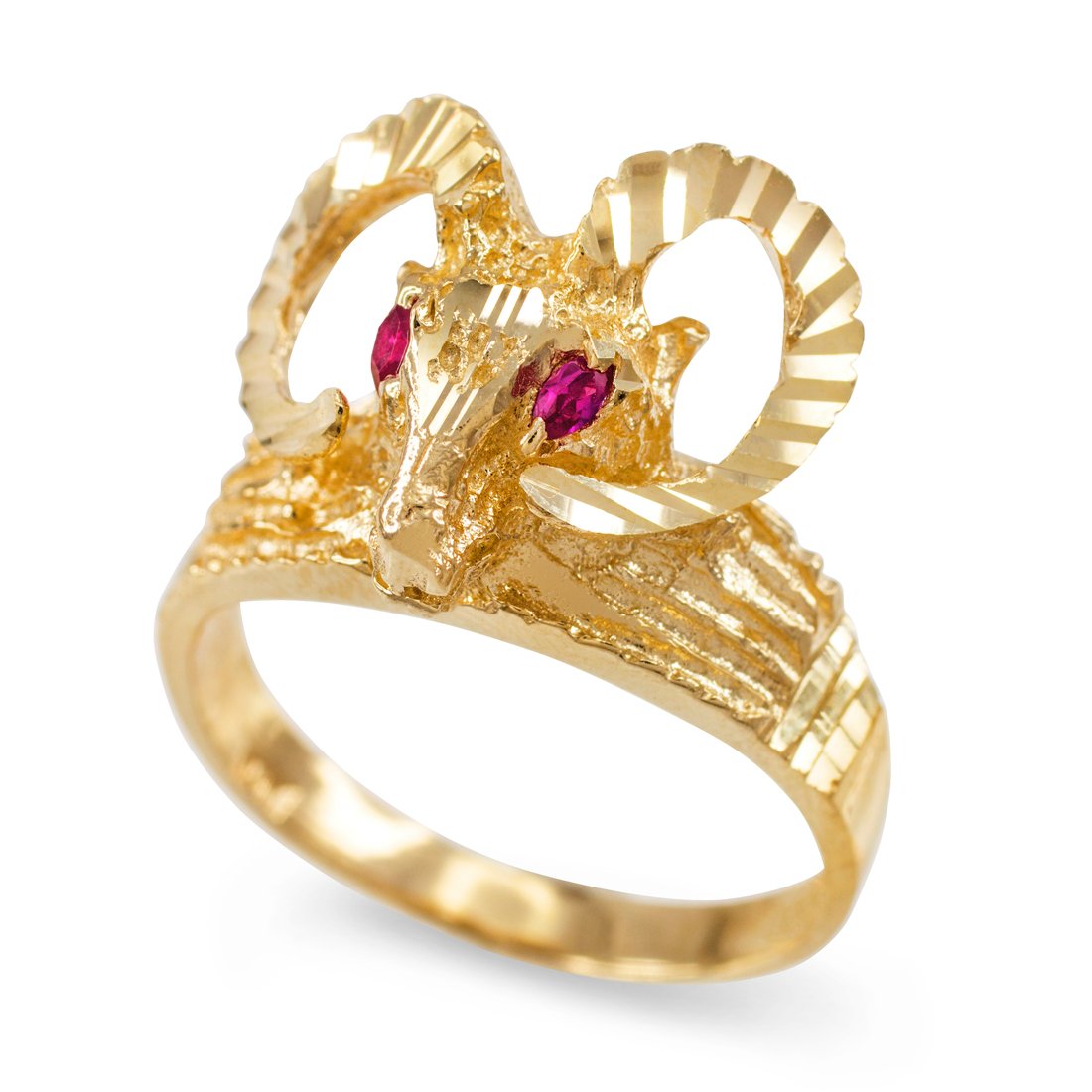 Textured Gold Ram Head Aries Zodiac Sign Red CZ Ring (9.25)