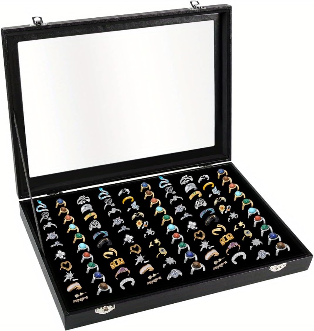 100-Slot Ring Organizer Box with Transparent Lid - Faux Leather Dust-Proof Jewelry Storage Case, Space-Saving Design for Ring Display at Home or Store