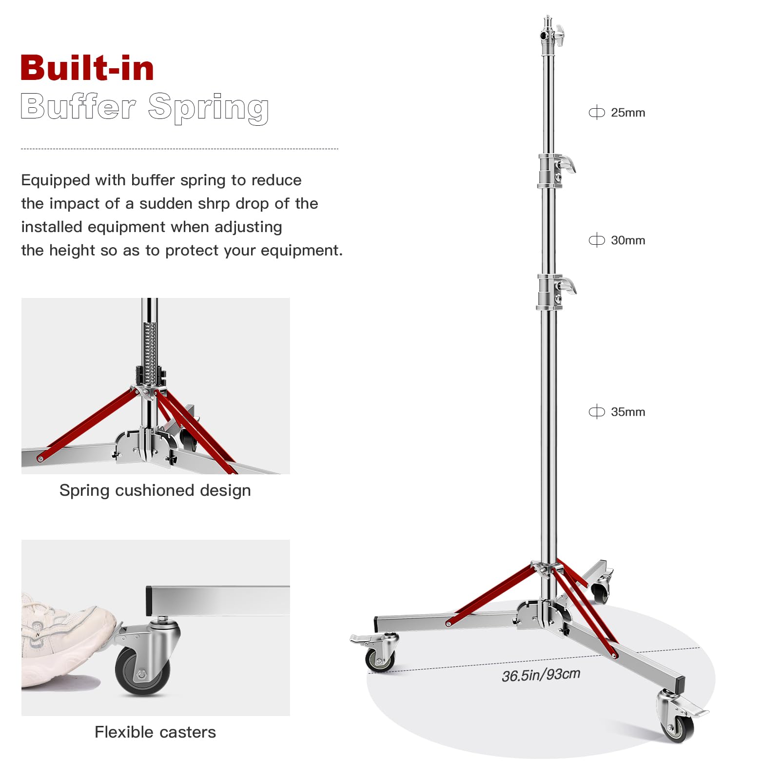 Soonpho WS-300 Pro Light Stand 100% Acciaio Inox Stativo per Luci C con Ruote e Braccio,Stativo a C Pesante in Metallo Altezza massima 300 cm (9,84 piedi) per Riflettori,Monoluci