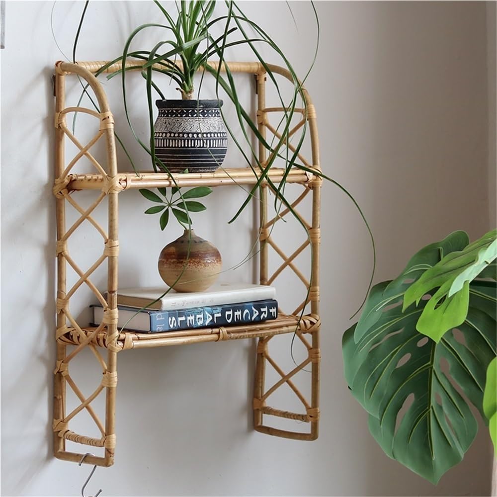 2-Tier Rattan Wall Shelf Wall-Mounted Bookshelf Boho Wicker Handwoven Hanging Storage Shelves Large Capacity for Home Decor Multi-Purpose