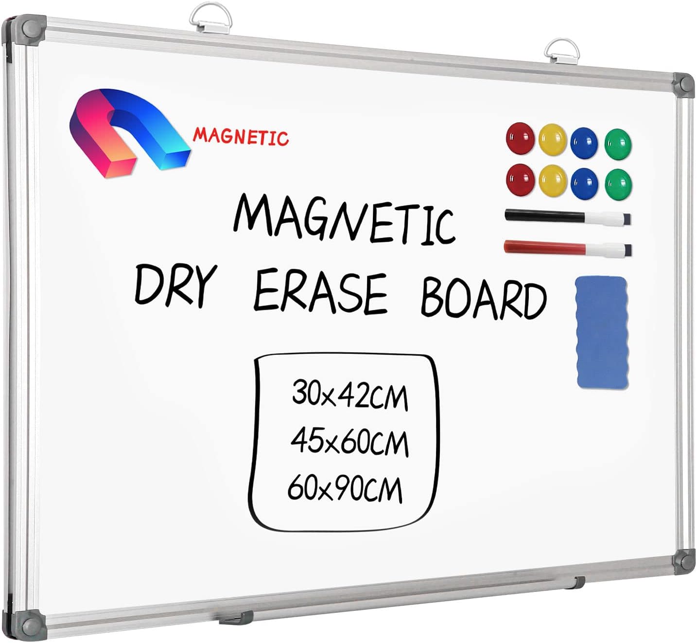 MEETMATE 60 x 90cm Magnetic Whiteboard, Aluminium Frame White Board for Walls, Dry Erase Board with Pen Tray and Marker Pens, Office, School, Home