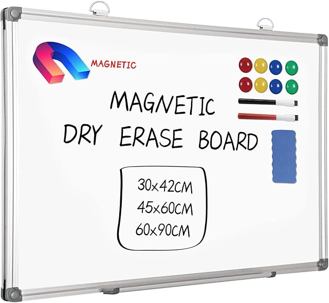 MEETMATE Magnetic Whiteboard, 45x60cm Dry Erase Board Aluminium Frame Wall Mounted White Board with Pen Tray and Accessories, Notices & Reminders Board for Office & Classroom