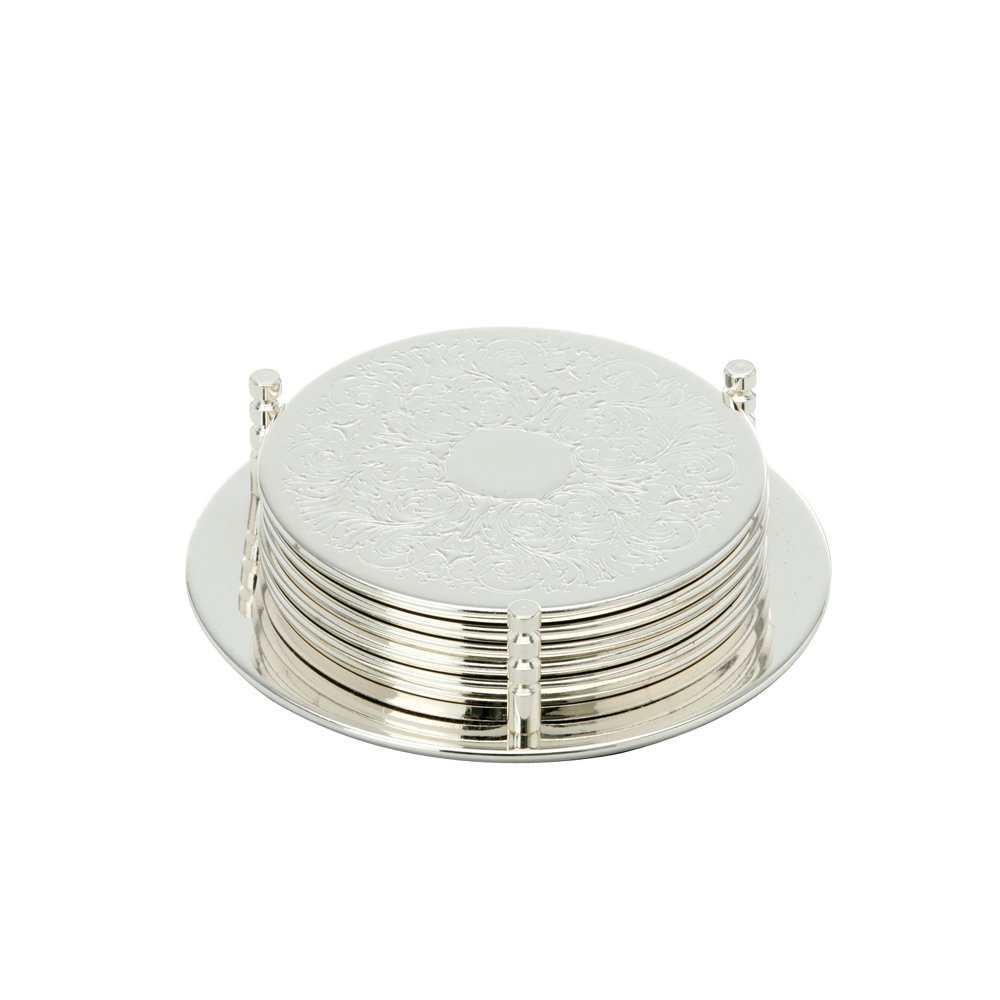 Set di 7 sottobicchieri argentati 6 sottobicchieri rotondi decorati in acciaio inox