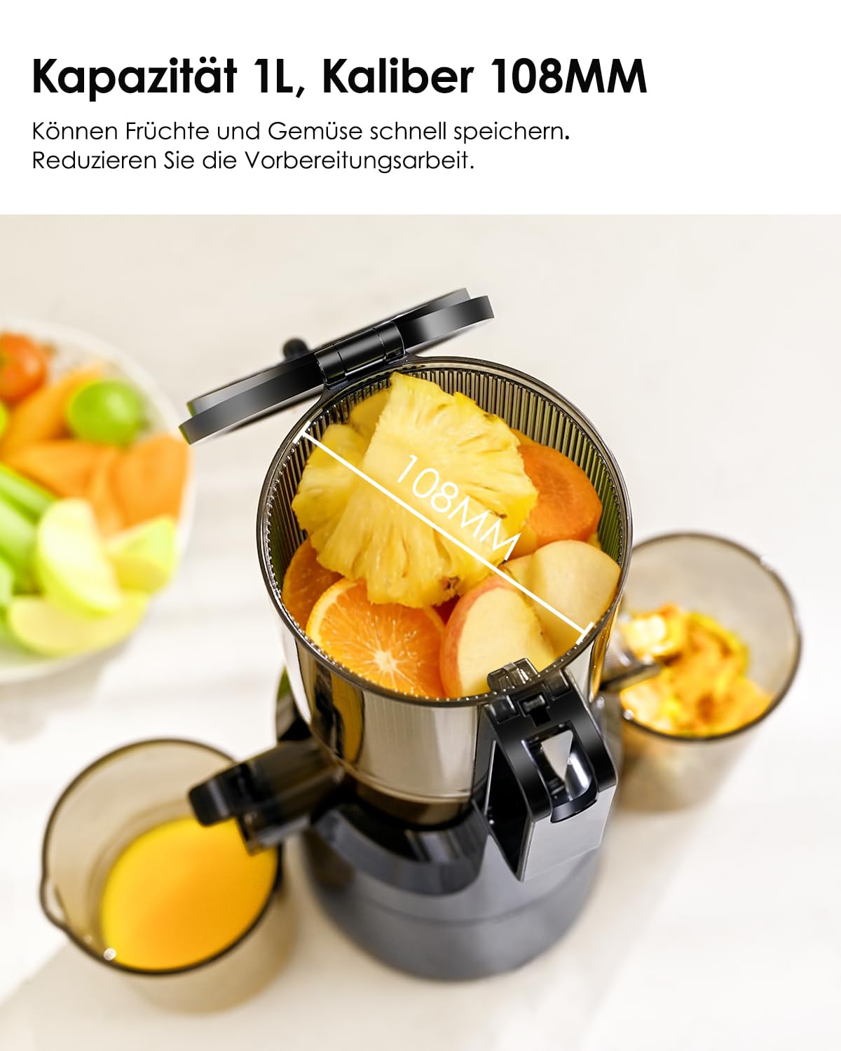 Fretta Entsafter,Slow Juicer mit 108MM Breite und Größere Fütterungsröhre,Füllvolumen für ganze Gemüse und Obst,BPA-frei Tritan-Material Entsafter,Einfacher Installation,200W