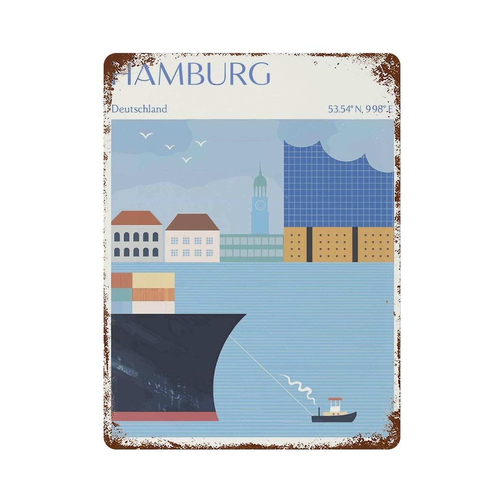 Rust Effect Hamburg Cityscape Illustration Aged Metal Wall Plaque 15.7"x11.8", Shabby Chic Decor for Basement, Hobby Room And Garage Decor