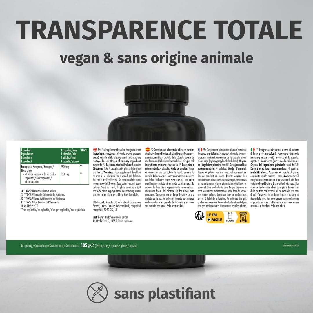 Fenugrec Gelule - Haute dose: 2600mg avec 50% de saponines - Végétalien, Testé en laboratoire, Sans lactose, Sans gluten - 240 capsules - Green Naturals®