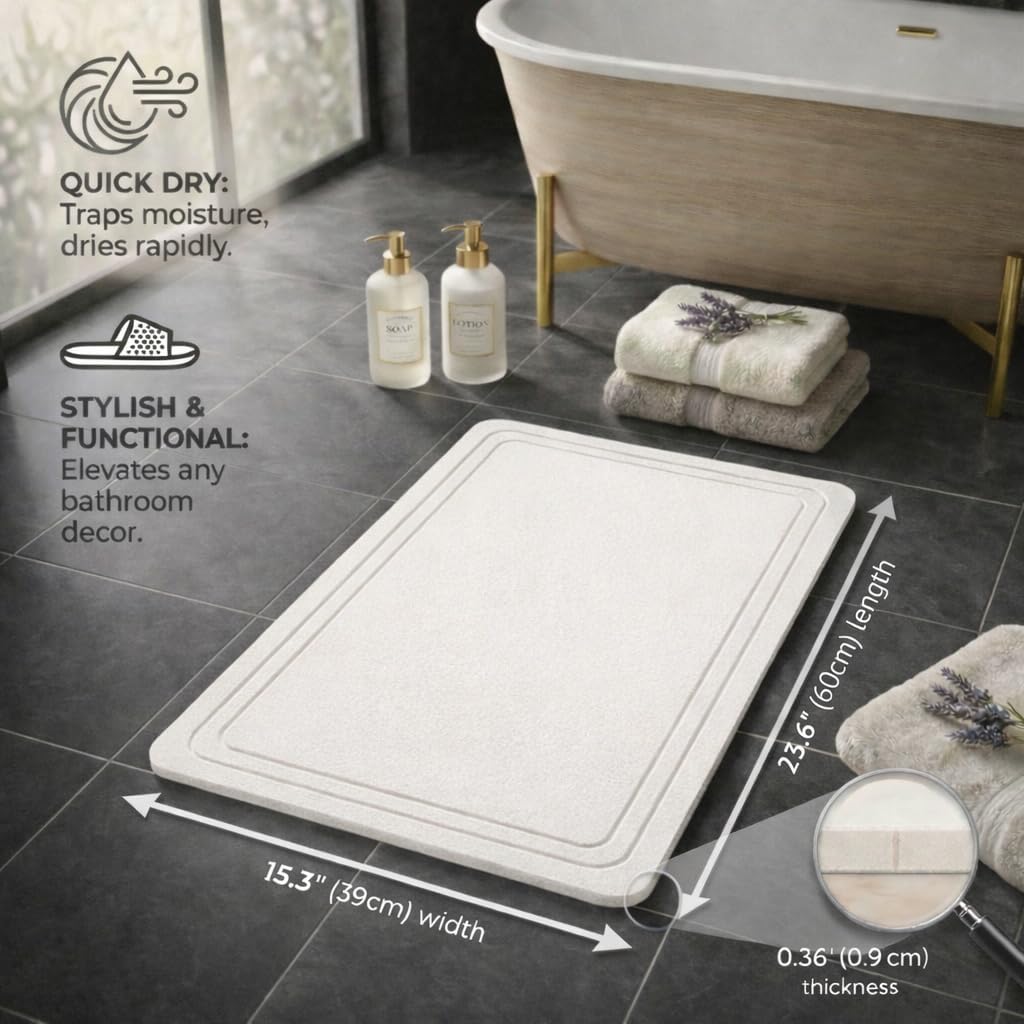 2 Pack Stone Bath Mat – Diatomaceous Earth Quick Drying Non-Slip Bathroom Mat – Super Absorbent Diatomite Shower Mat, Easy to Clean, Modern Bath Rug, 23.6" x 15.3" (2 Pack White - Linea)