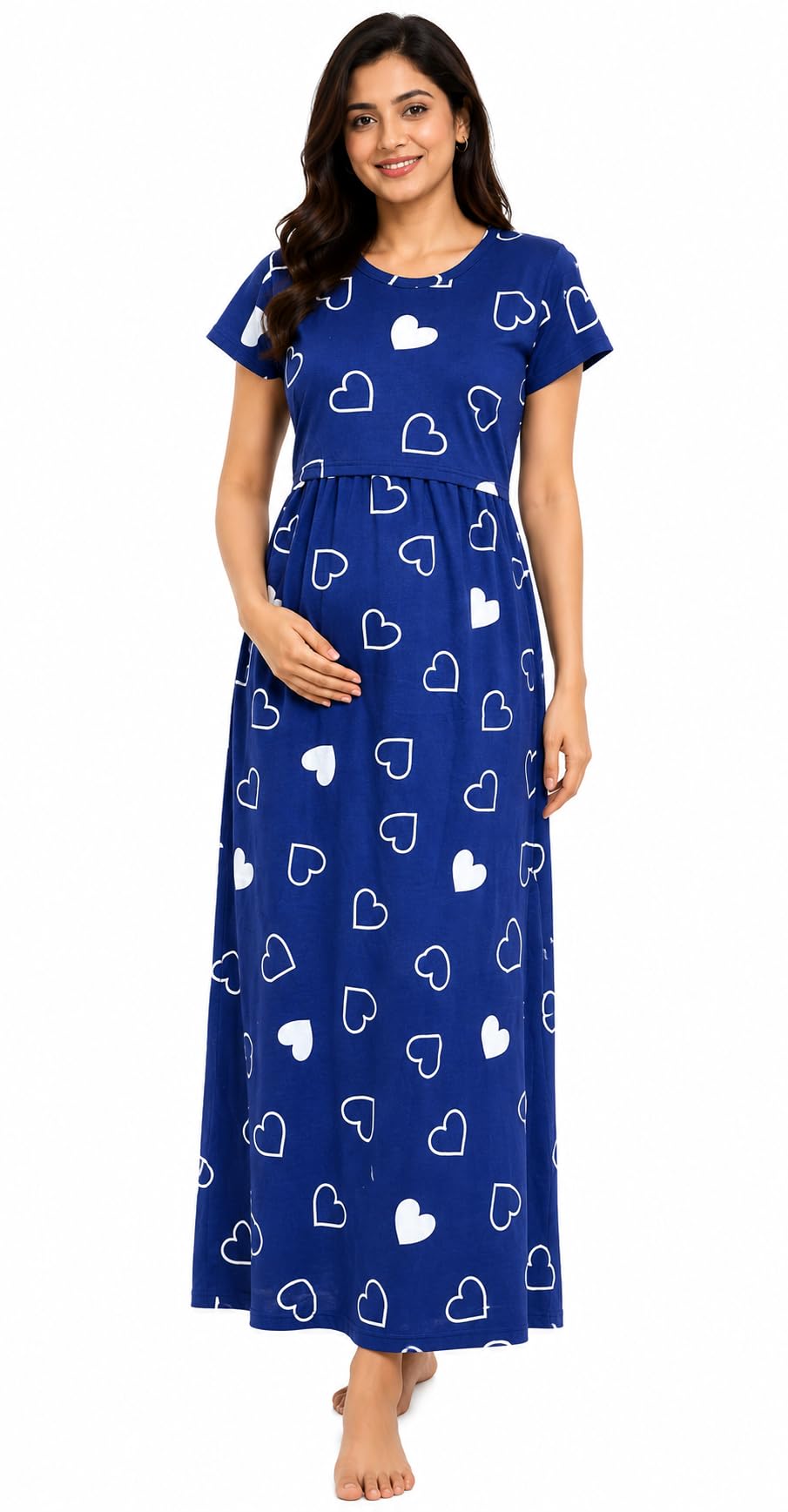 Women's Blue Heart Print Maternity Maxi Dress | Concealed Pull-Up Feeding Access | Deep Side Pockets & Adjustable Back Drawstring Gown-image-34
