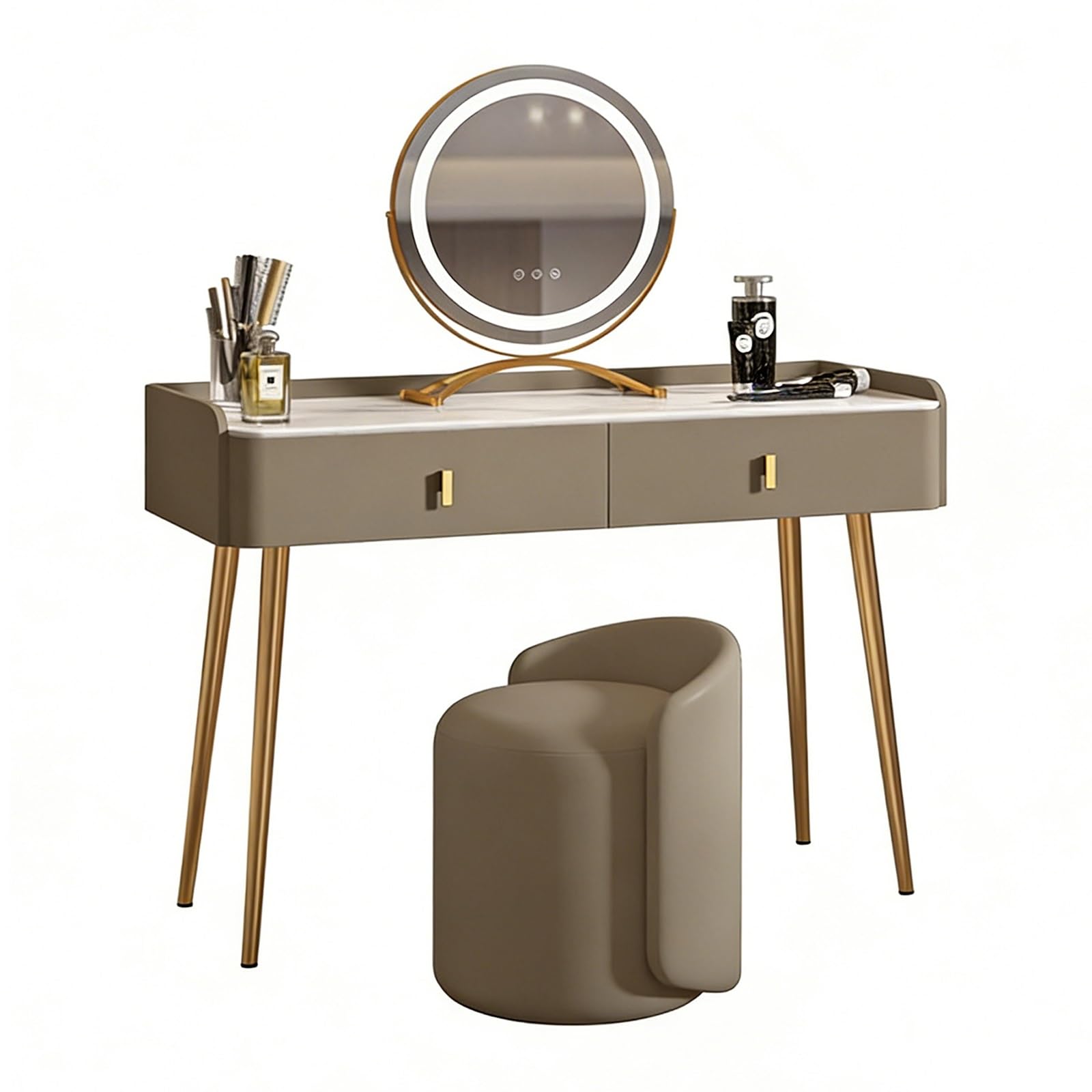 asdchZen Modern Vanity Table Set With Led 360°Rotating Mirror Khaki Makeup Desk 2 Drawers & Rock Slab Countertop Stylish Bedroom Dressing Table 100Cm/39.3In