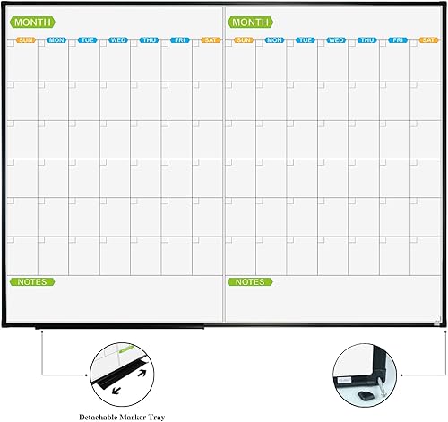Miniatura 2 de JILoffice Calendario magnético de borrado en seco, pizarra blanca de 2 meses, 48 x 36 pulgadas, marco de aluminio negro, tablero montado en la pared