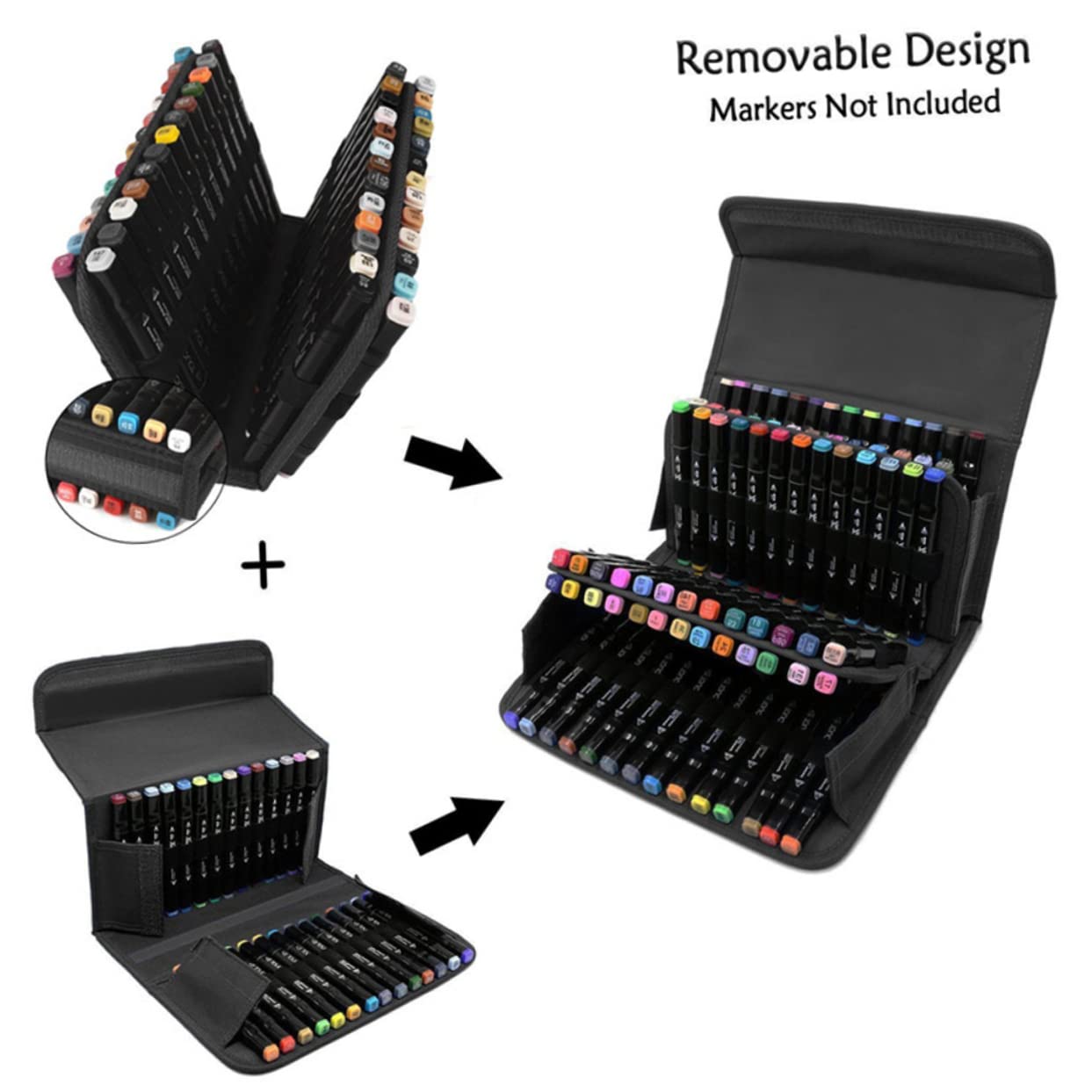Astuccio Porta Pennarelli con 80 Scomparti, Tessuto Nero Resistente con Tracolla Regolabile e Removibile, per Arte e Artigianato