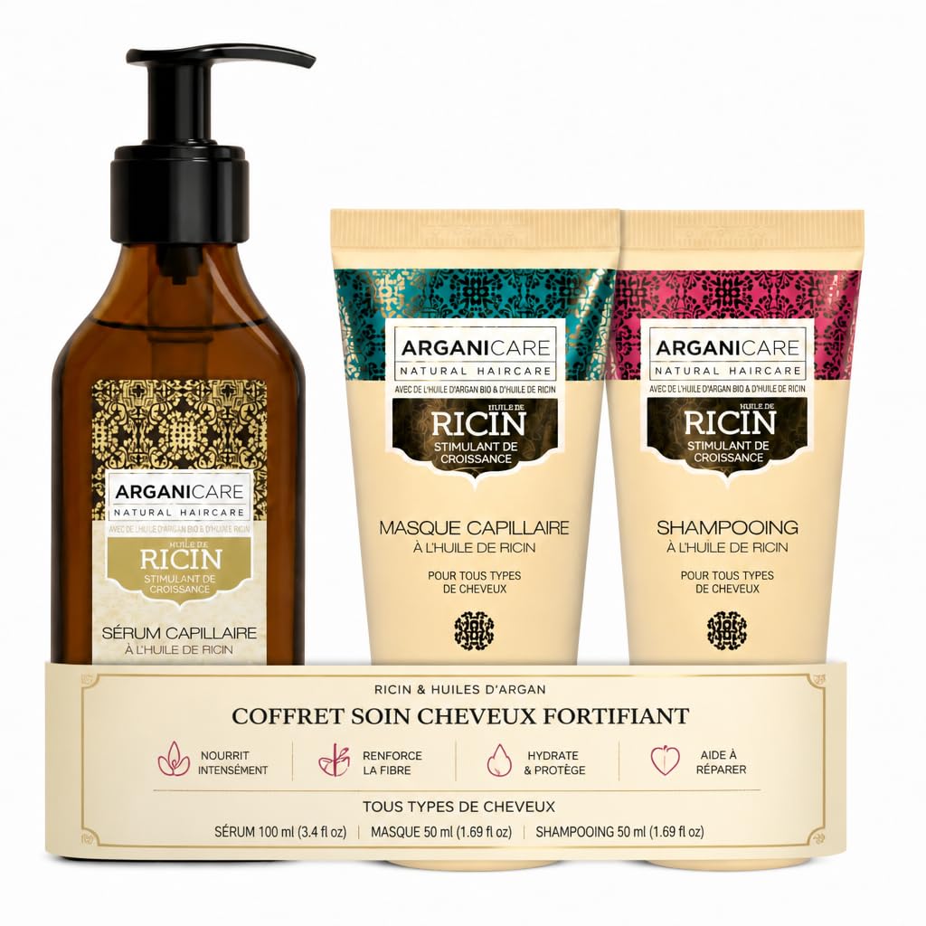 ARGANICARE Gamme Ricin – Coffret soin cheveux : Sérum protecteur 100 ml + Shampooing 50 ml + Masque 50 ml – À l’huile de ricin bio – Nourrit, renforce, hydrate – Tous types
