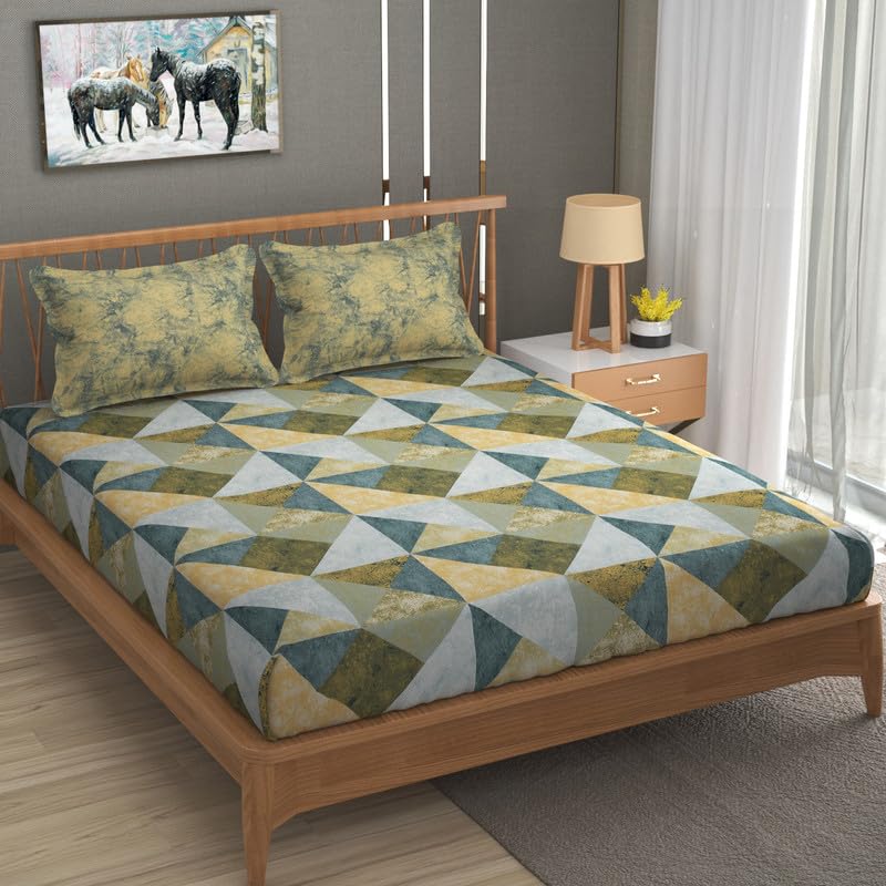 Image of Mafatlal 186 TC Pure Cotton King Bedsheet | 274 x 274 cm | Lightweight Cooling Summer Fabric | Breathable Soft Bed Sheet with 2 Pillow Covers | Autumn Delight | Fair Green