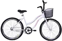 Bicicleta Feminina 26 Beach Retrô Branca Monomarcha com Aros duplos, Pneus Slik, Paralamas e Cesta Rosa- Dalannio Bike