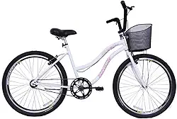 Bicicleta Feminina 26 Beach Retrô Branca Monomarcha com Aros duplos, Pneus Slik, Paralamas e Cesta Rosa- Dalannio Bike