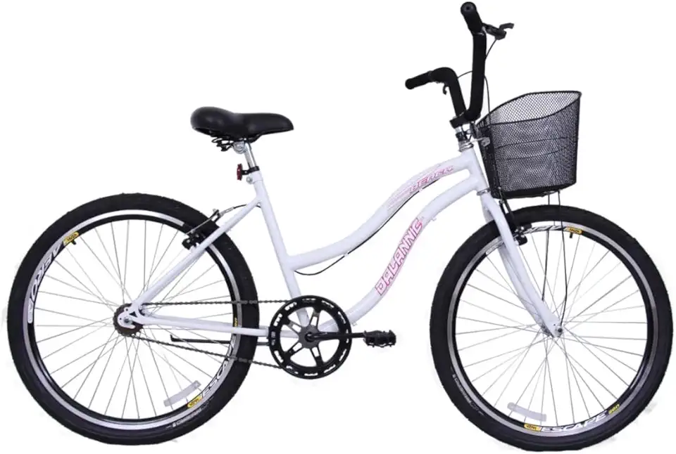 Bicicleta Feminina 26 Beach Retrô Branca Monomarcha com Aros duplos, Pneus Slik, Paralamas e Cesta Rosa- Dalannio Bike