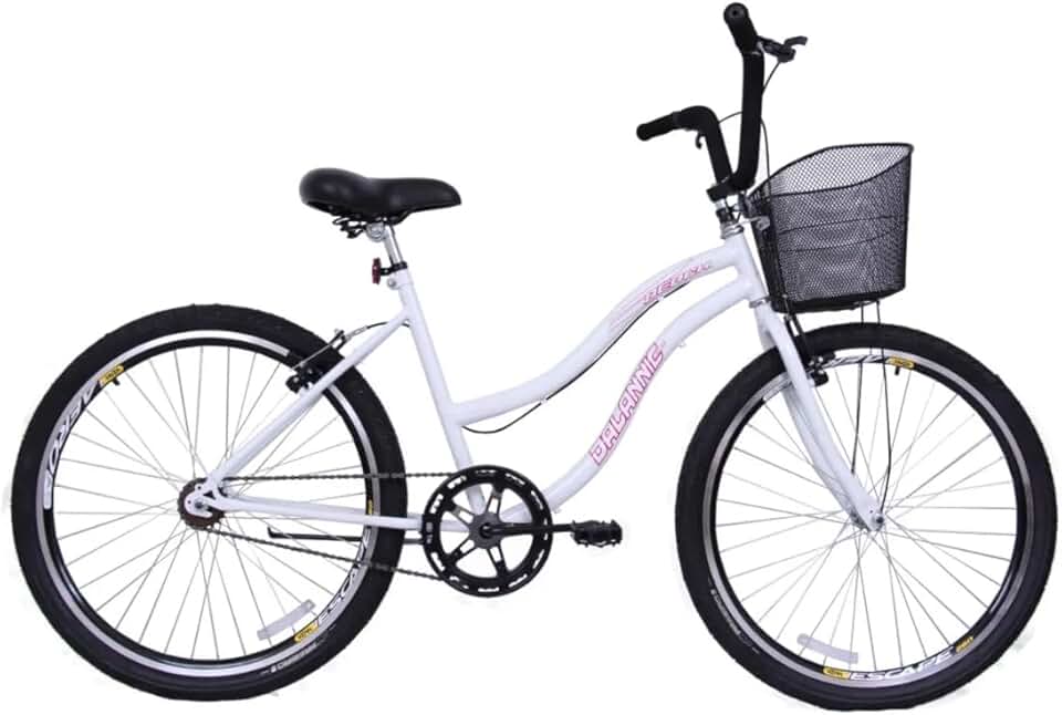 Bicicleta Feminina 26 Beach Retrô Branca Monomarcha com Aros duplos, Pneus Slik, Paralamas e Cesta Rosa- Dalannio Bike